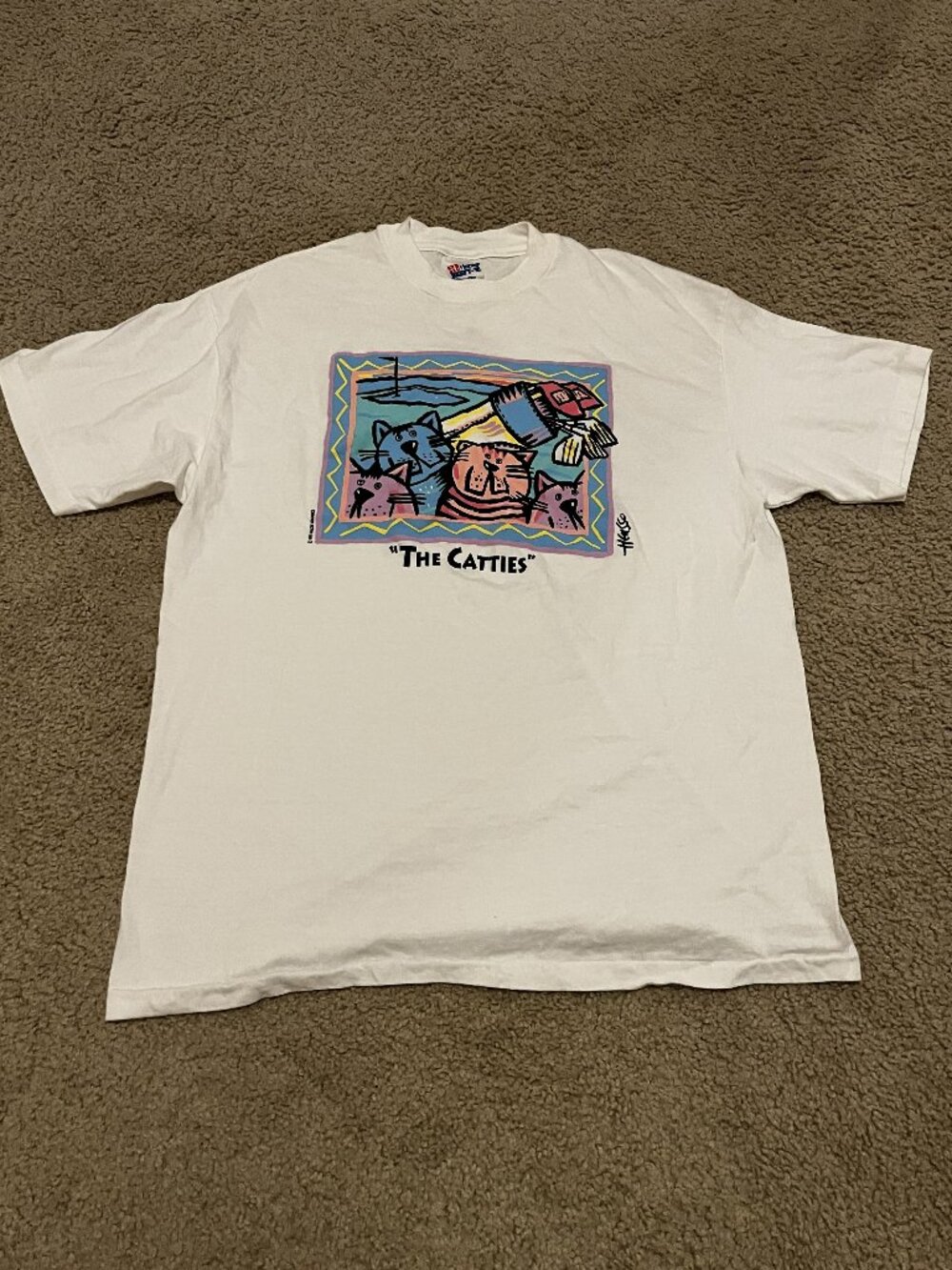 Hanes Beefy‑T The Catties Cat Graphic Tee Men’s Large Single Stitch Art Shirt